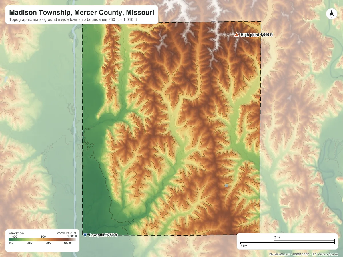 Topographic elevation map of Madison Township, Mercer County, Missouri, shaded from 780 ft on the southwest side to 1,010 ft on the northeast side