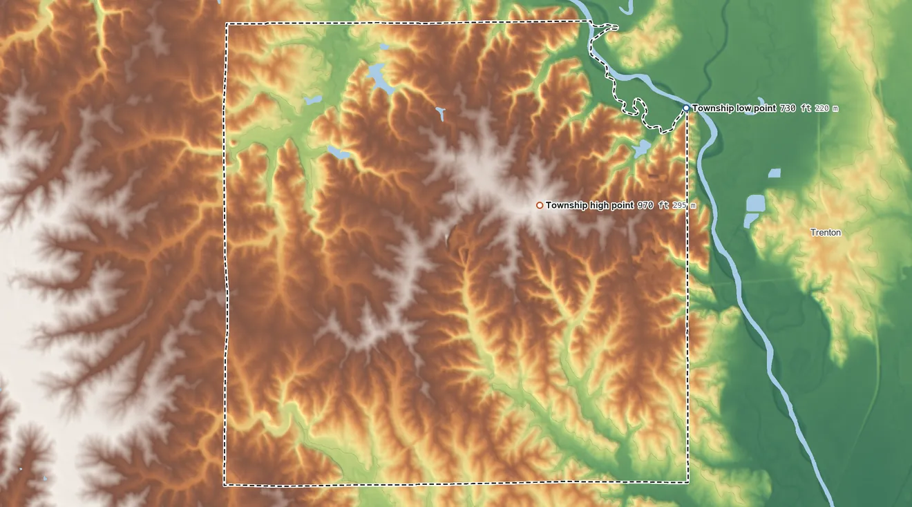 Topographic elevation map of Madison Township, Missouri, shaded from 730 ft on the northeast side to 970 ft near the middle