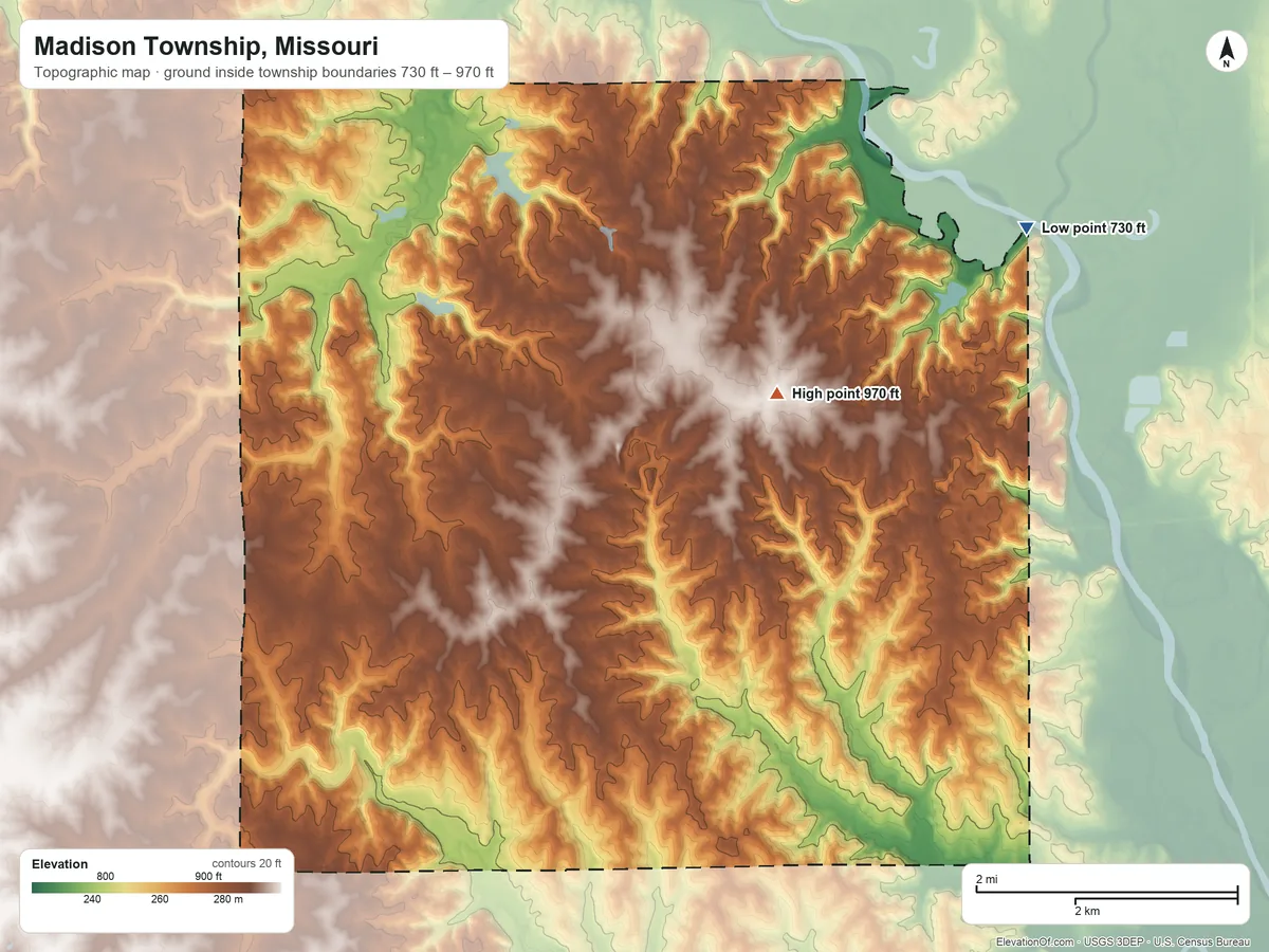 Topographic elevation map of Madison Township, Missouri, shaded from 730 ft on the northeast side to 970 ft near the middle