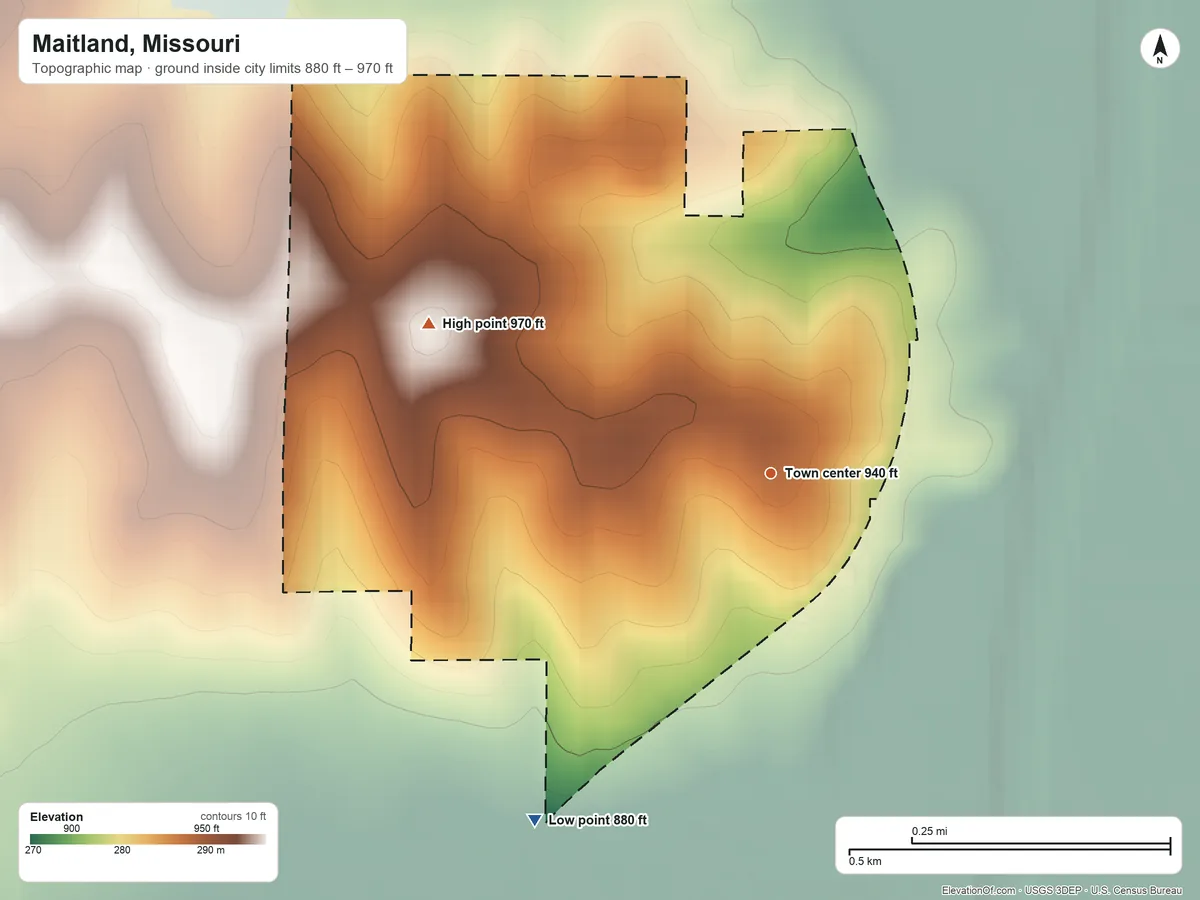 Topographic elevation map of Maitland, Missouri, shaded from 880 ft on the southwest side to 970 ft on the northwest side
