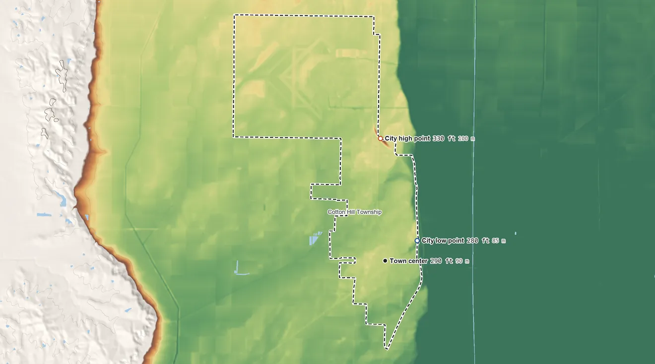 Topographic elevation map of Malden, Missouri, shaded from 280 ft near the middle to 330 ft on the north side