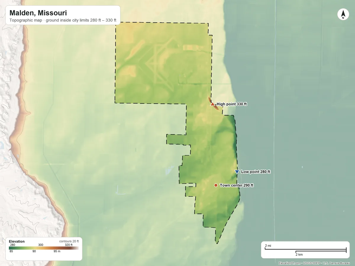 Topographic elevation map of Malden, Missouri, shaded from 280 ft near the middle to 330 ft on the north side
