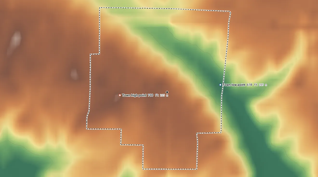 Topographic elevation map of Malta Bend, Missouri, shaded from 670 ft on the east side to 700 ft on the west side