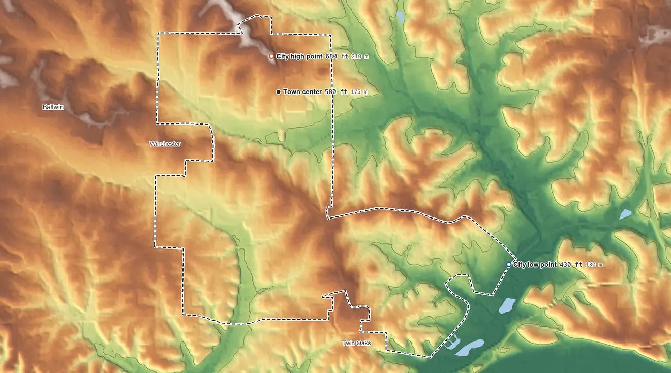 Topographic elevation map of Manchester, Missouri, shaded from 430 ft on the southeast side to 680 ft near the middle
