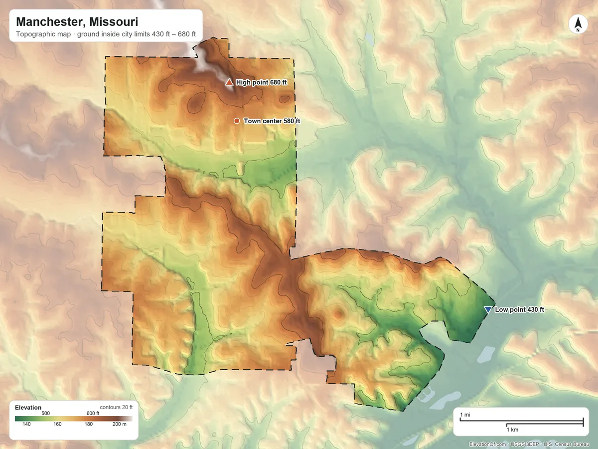 Topographic elevation map of Manchester, Missouri, shaded from 430 ft on the southeast side to 680 ft near the middle