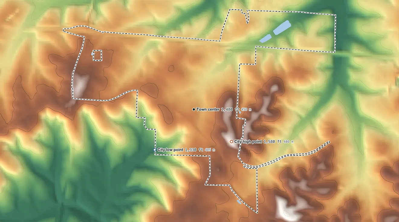 Topographic elevation map of Mansfield, Missouri, shaded from 1,330 ft on the southwest side to 1,580 ft on the southeast side