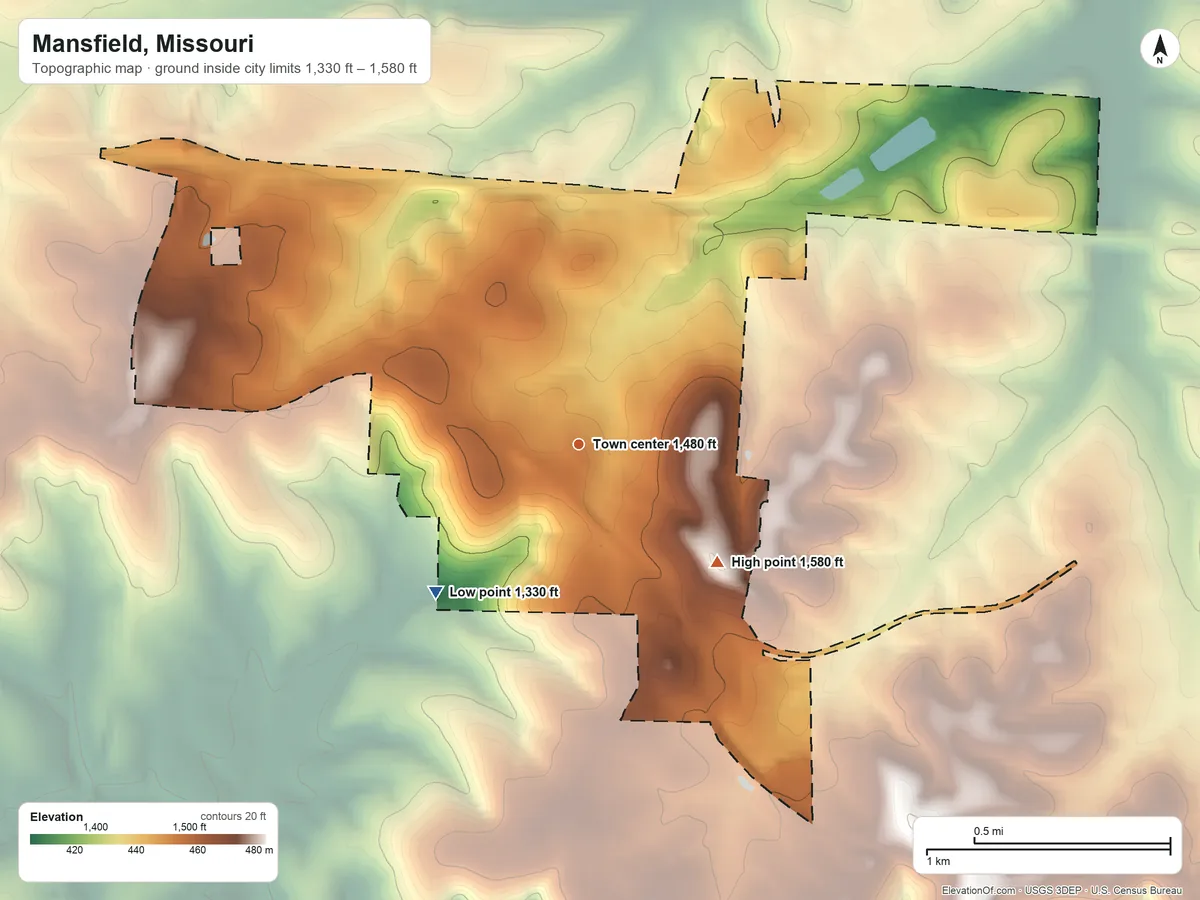 Topographic elevation map of Mansfield, Missouri, shaded from 1,330 ft on the southwest side to 1,580 ft on the southeast side