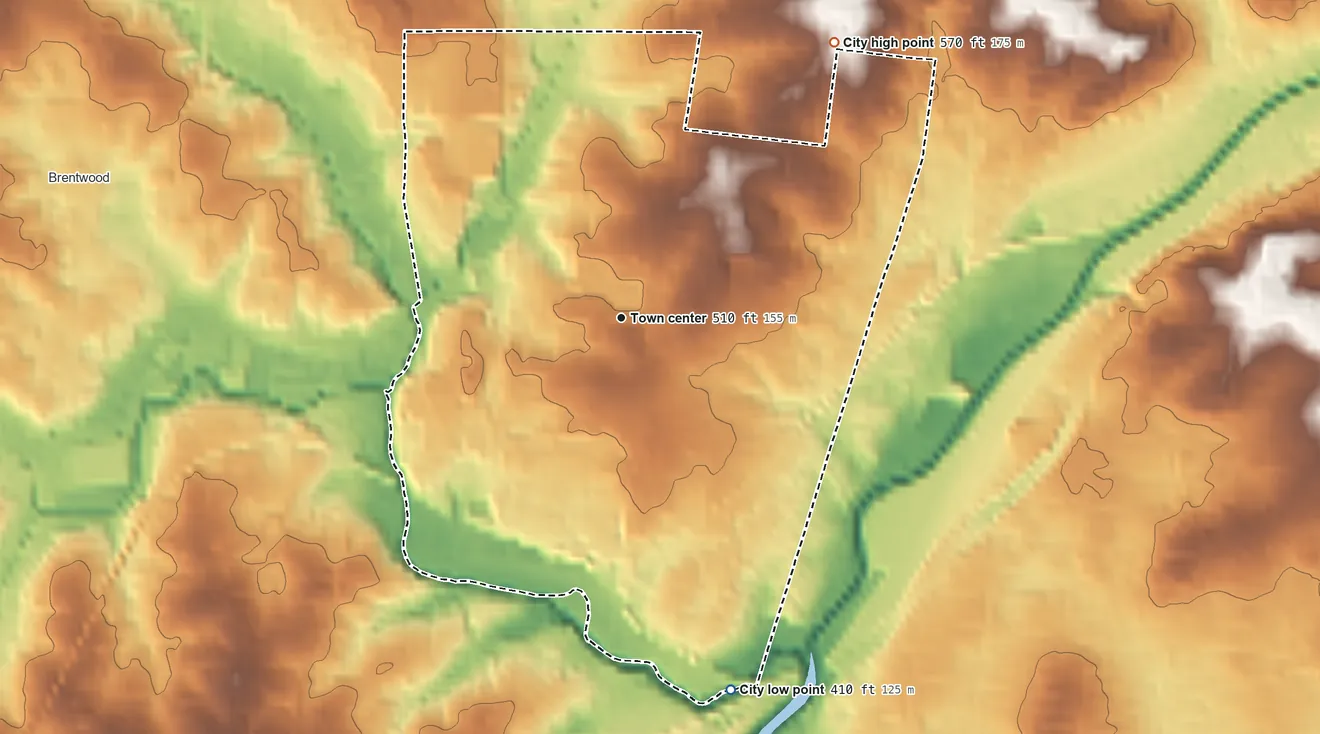 Topographic elevation map of Maplewood, Missouri, shaded from 410 ft on the south side to 570 ft on the northeast side