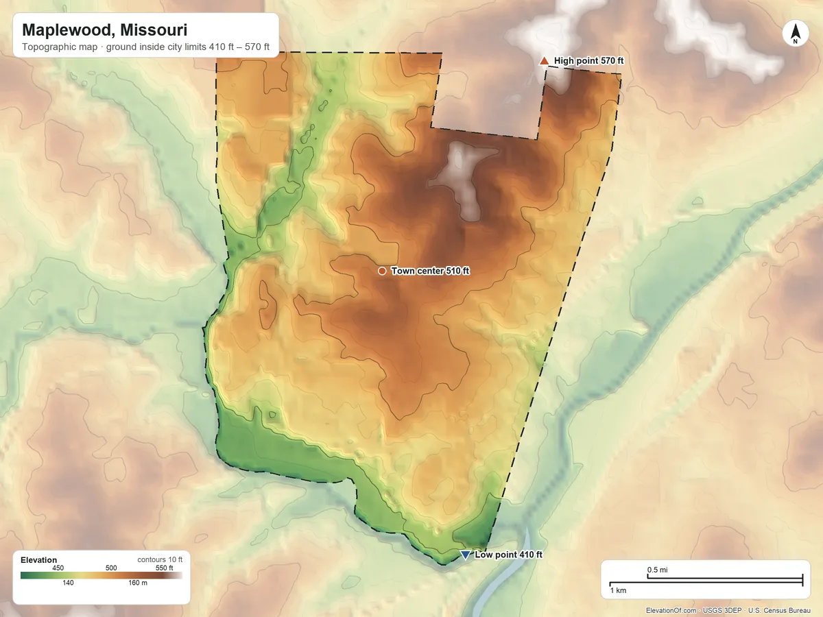 Topographic elevation map of Maplewood, Missouri, shaded from 410 ft on the south side to 570 ft on the northeast side
