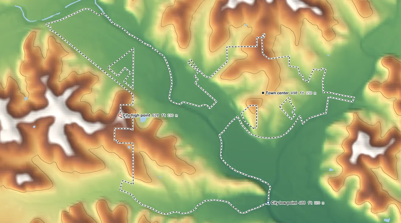Topographic elevation map of Marble Hill, Missouri, shaded from 400 ft on the south side to 620 ft on the west side