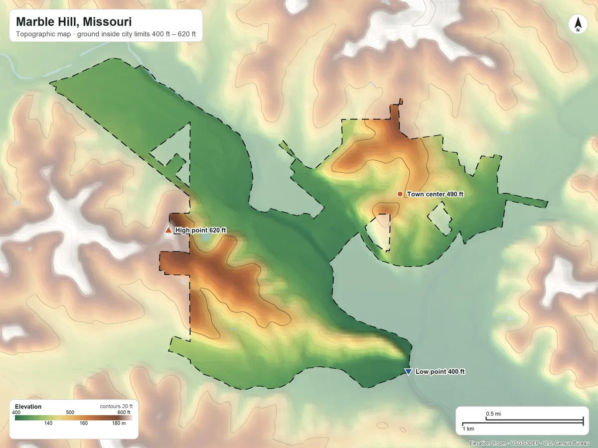 Topographic elevation map of Marble Hill, Missouri, shaded from 400 ft on the south side to 620 ft on the west side
