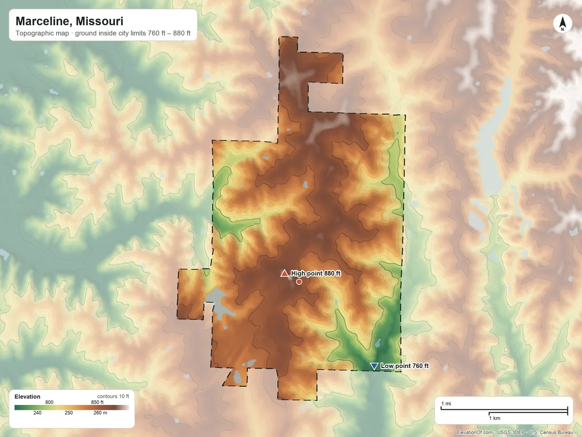 Topographic elevation map of Marceline, Missouri, shaded from 760 ft on the southeast side to 880 ft near the middle