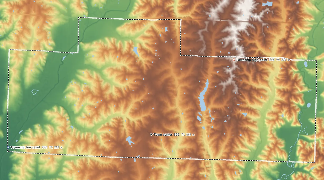 Topographic elevation map of Marceline Township, Missouri, shaded from 700 ft on the west side to 900 ft on the northeast side