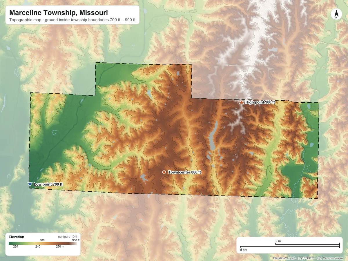 Topographic elevation map of Marceline Township, Missouri, shaded from 700 ft on the west side to 900 ft on the northeast side