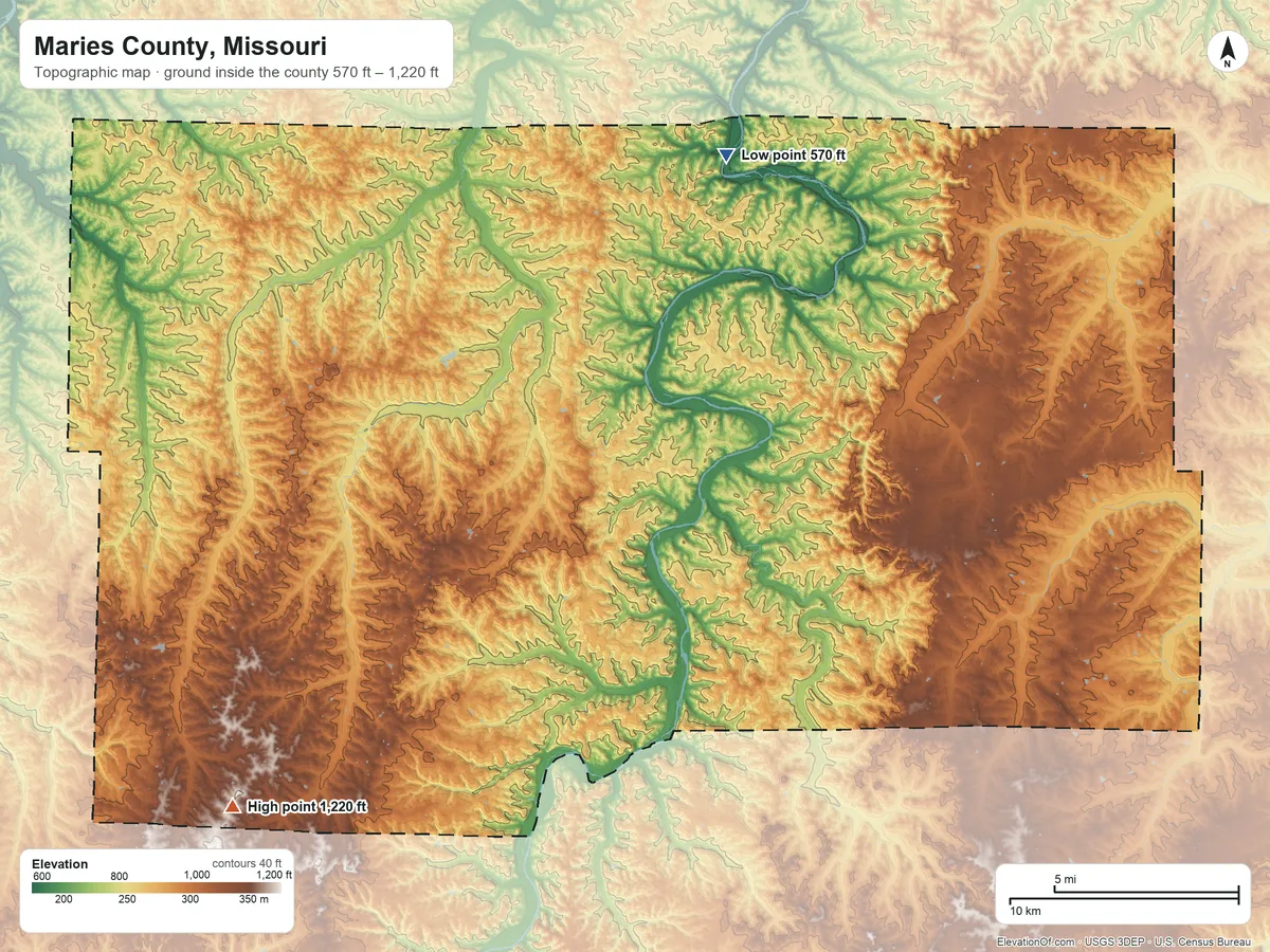 Topographic elevation map of Maries County, Missouri, shaded from 570 ft on the north side to 1,220 ft on the southwest side