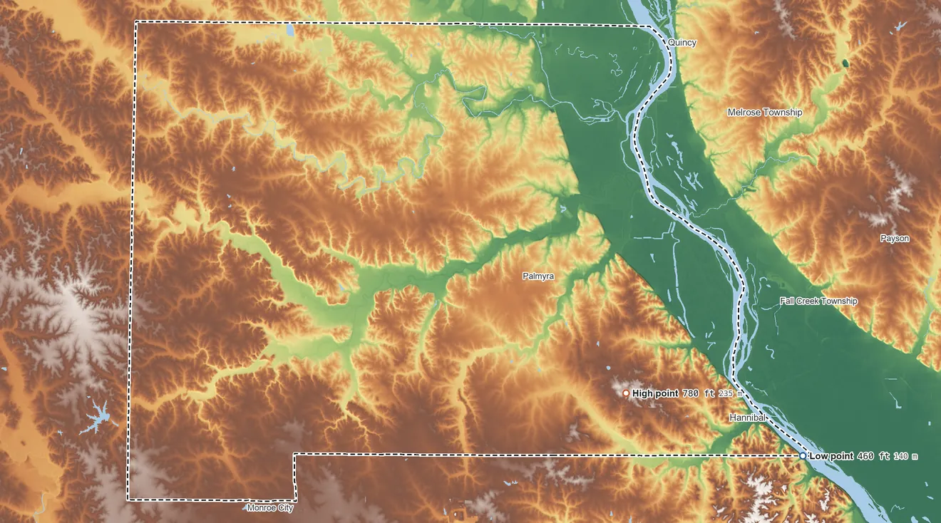 Topographic elevation map of Marion County, Missouri, shaded from 460 ft on the southeast side to 780 ft on the southeast side