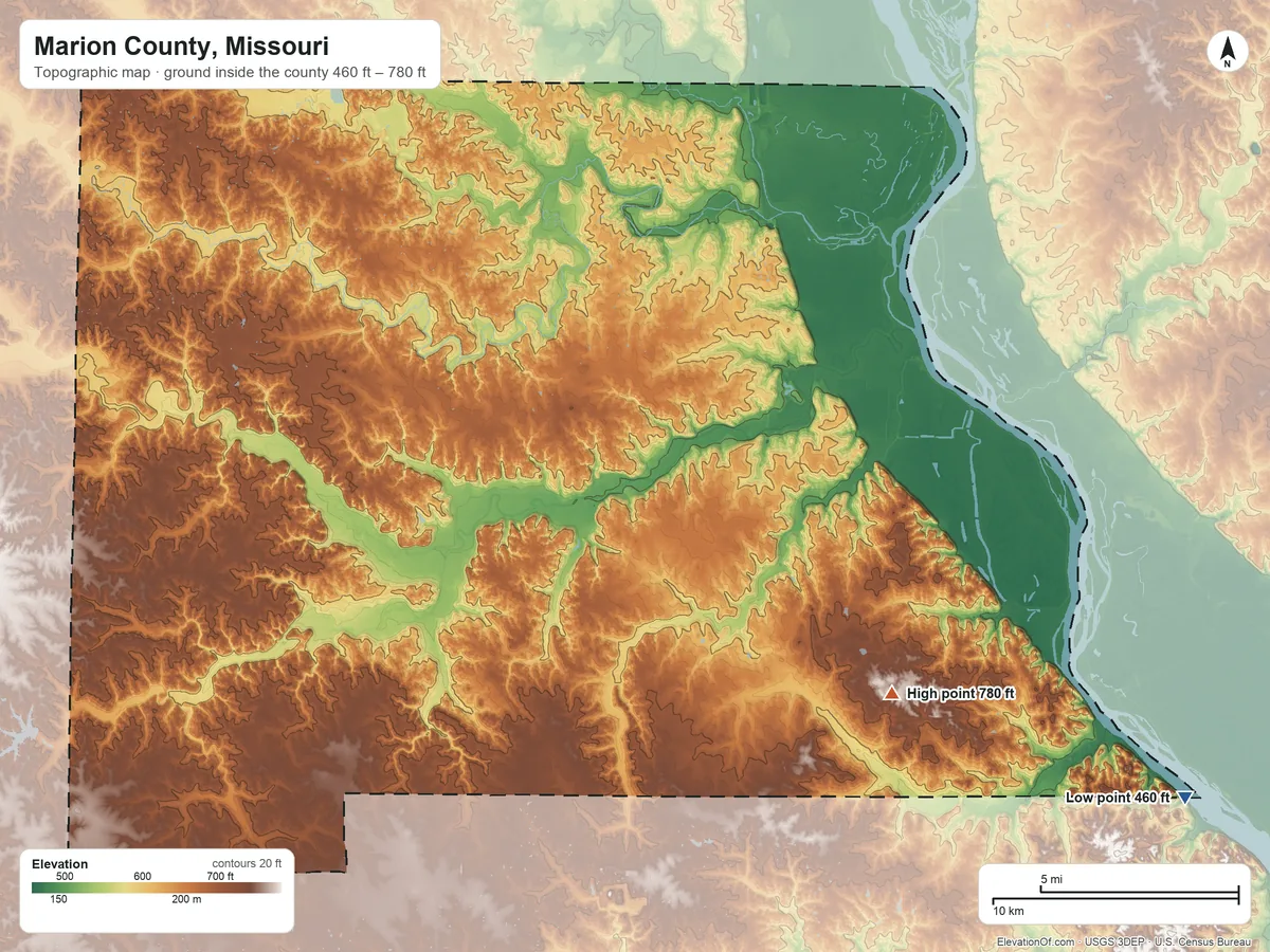 Topographic elevation map of Marion County, Missouri, shaded from 460 ft on the southeast side to 780 ft on the southeast side