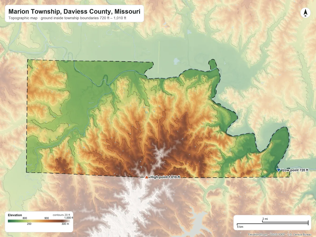 Topographic elevation map of Marion Township, Daviess County, Missouri, shaded from 720 ft on the east side to 1,010 ft on the south side