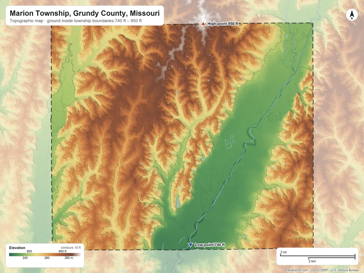 Topographic elevation map of Marion Township, Grundy County, Missouri, shaded from 740 ft on the south side to 950 ft on the northeast side
