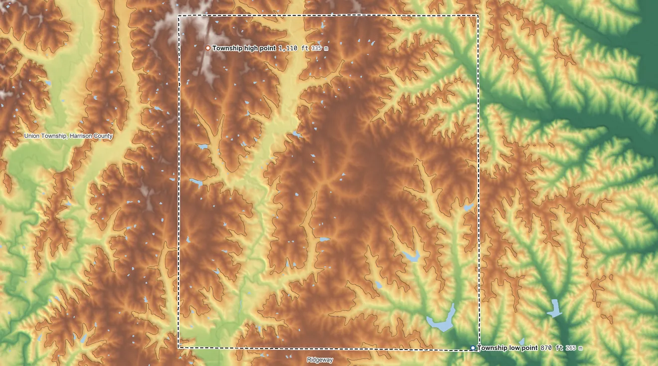 Topographic elevation map of Marion Township, Harrison County, Missouri, shaded from 870 ft on the southeast side to 1,110 ft on the northwest side