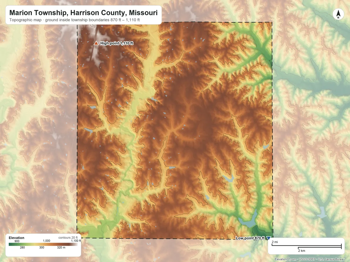 Topographic elevation map of Marion Township, Harrison County, Missouri, shaded from 870 ft on the southeast side to 1,110 ft on the northwest side
