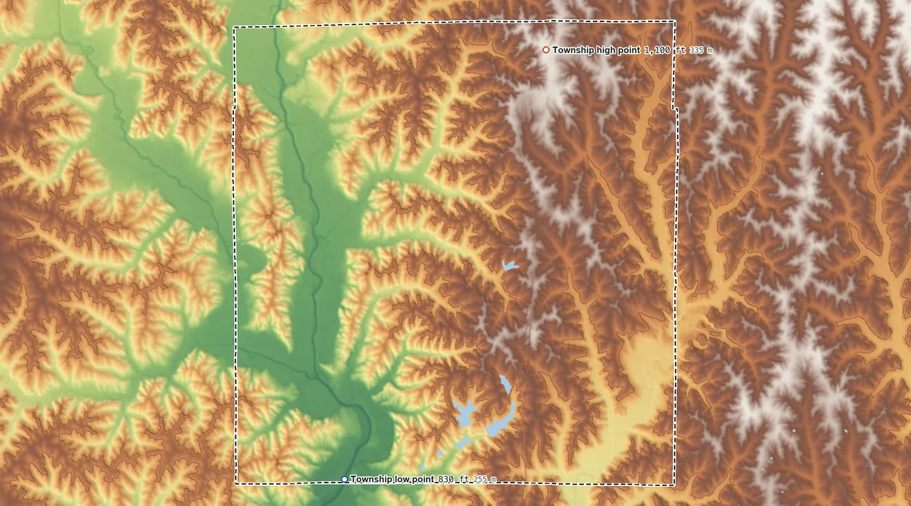 Topographic elevation map of Marion Township, Missouri, shaded from 830 ft on the southwest side to 1,100 ft on the north side
