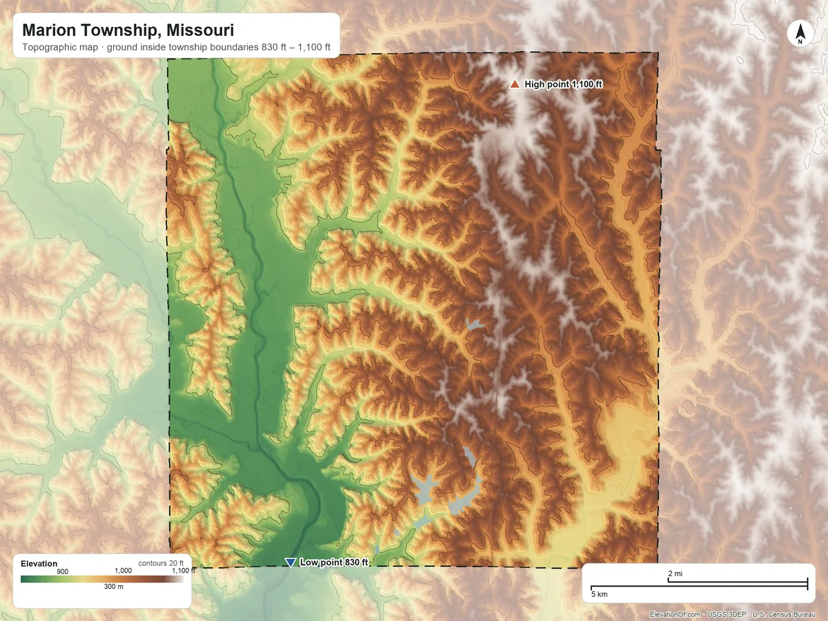 Topographic elevation map of Marion Township, Missouri, shaded from 830 ft on the southwest side to 1,100 ft on the north side