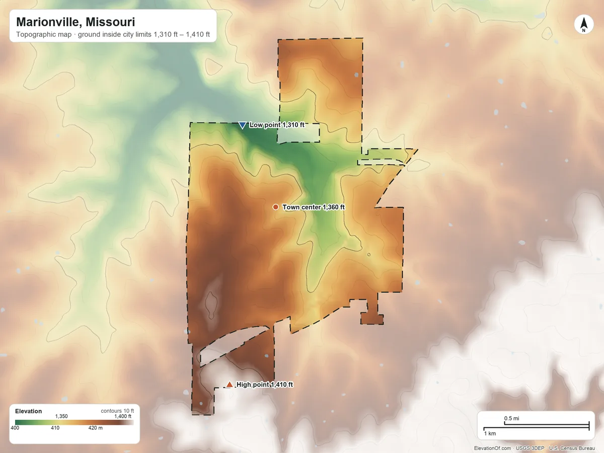 Topographic elevation map of Marionville, Missouri, shaded from 1,310 ft on the north side to 1,410 ft on the south side