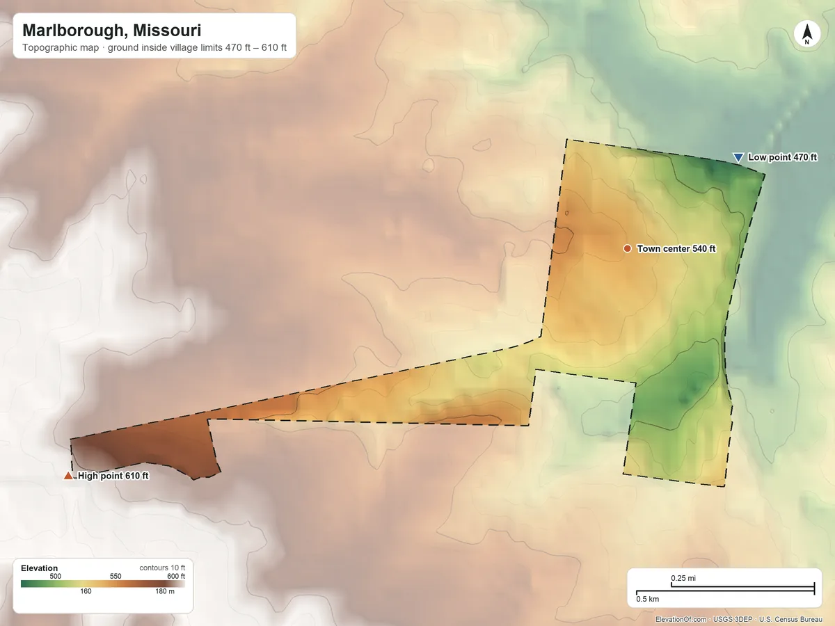 Topographic elevation map of Marlborough, Missouri, shaded from 470 ft on the northeast side to 610 ft on the west side