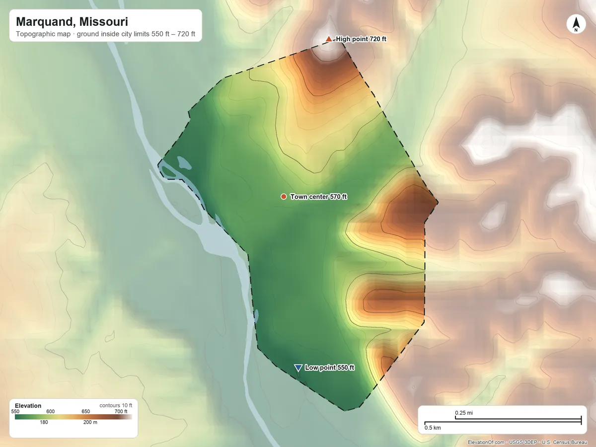 Topographic elevation map of Marquand, Missouri, shaded from 550 ft on the south side to 720 ft on the north side