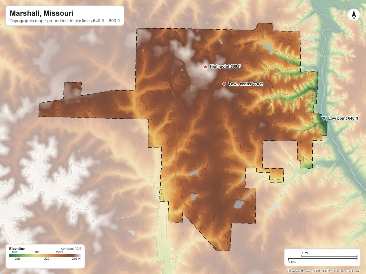 Topographic elevation map of Marshall, Missouri, shaded from 640 ft on the east side to 800 ft near the middle