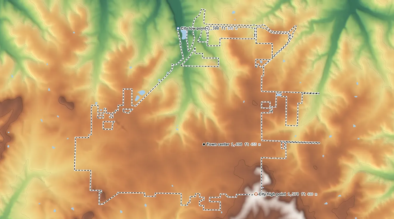 Topographic elevation map of Marshfield, Missouri, shaded from 1,300 ft on the north side to 1,570 ft on the southeast side