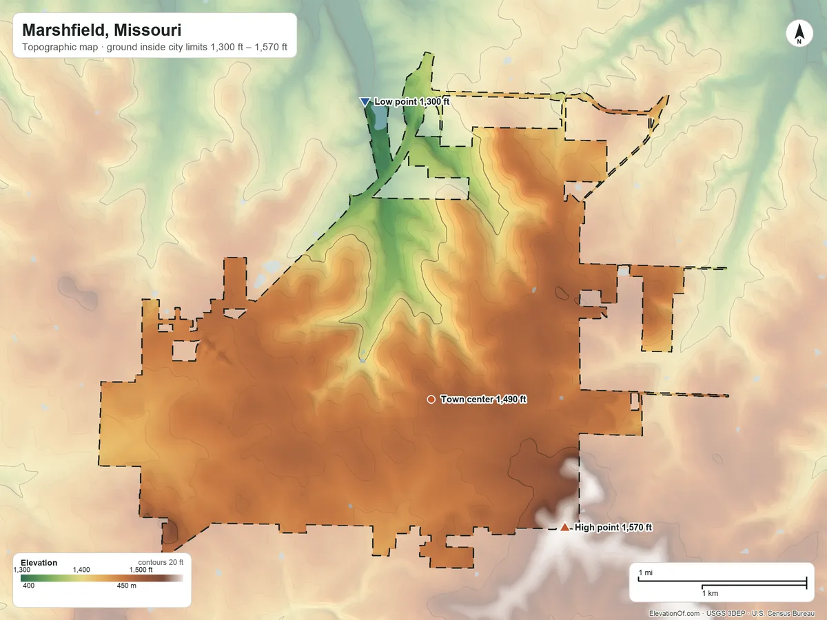 Topographic elevation map of Marshfield, Missouri, shaded from 1,300 ft on the north side to 1,570 ft on the southeast side