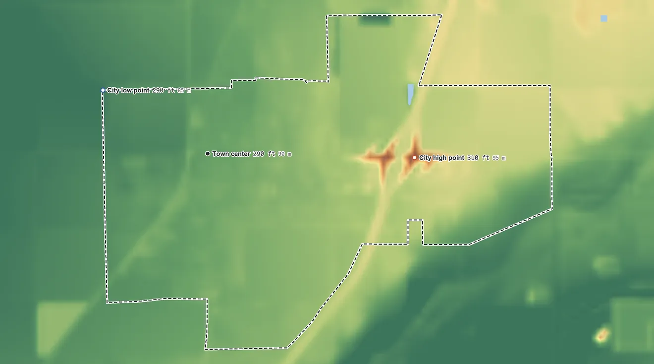 Topographic elevation map of Marston, Missouri, shaded from 290 ft on the northwest side to 310 ft on the east side
