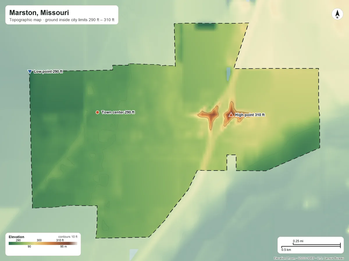 Topographic elevation map of Marston, Missouri, shaded from 290 ft on the northwest side to 310 ft on the east side