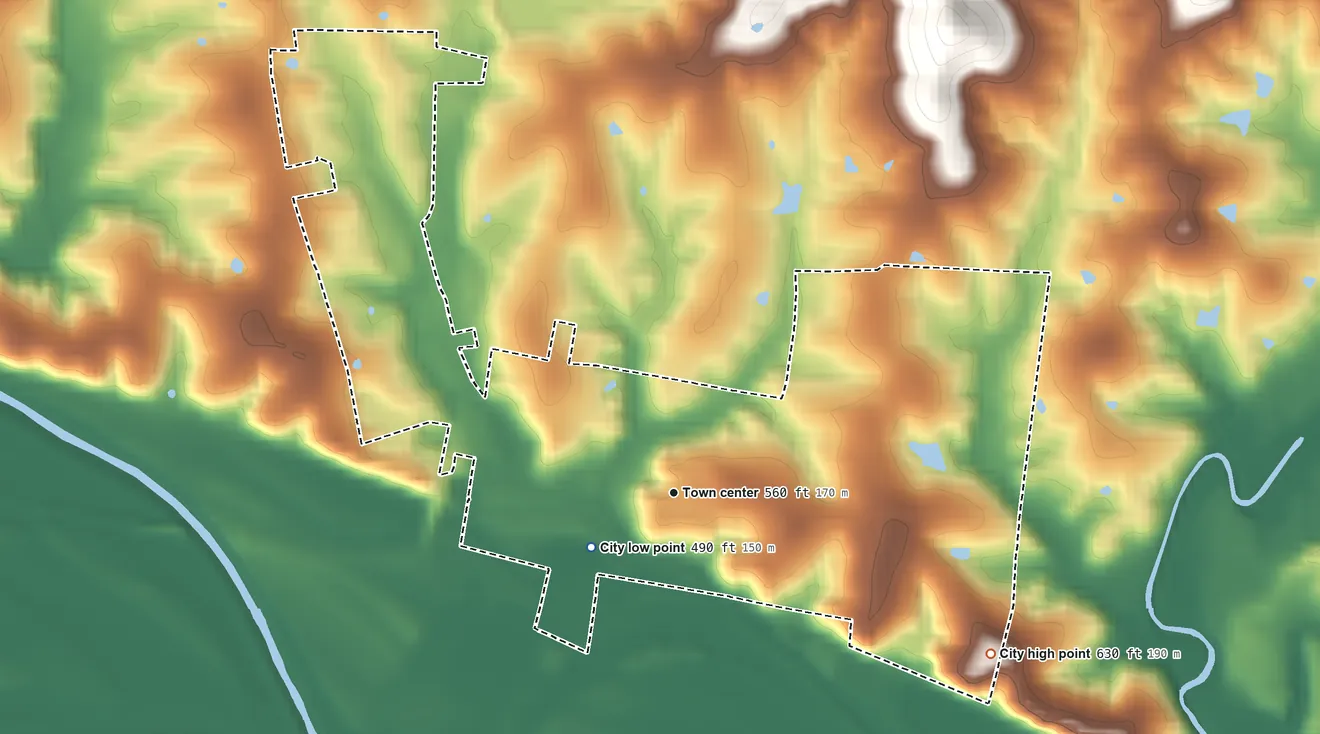 Topographic elevation map of Marthasville, Missouri, shaded from 490 ft near the middle to 630 ft on the southeast side