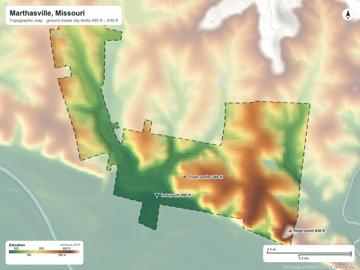 Topographic elevation map of Marthasville, Missouri, shaded from 490 ft near the middle to 630 ft on the southeast side