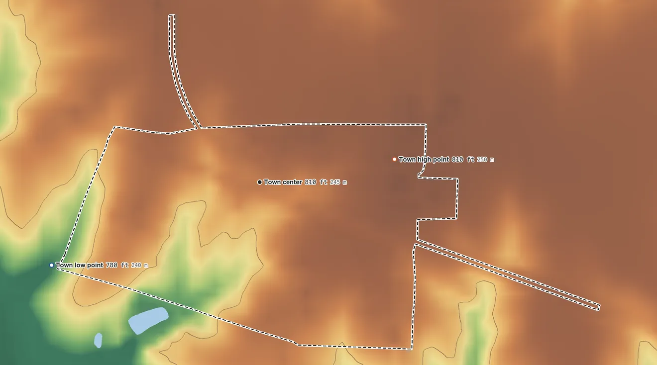 Topographic elevation map of Martinsburg, Missouri, shaded from 780 ft on the west side to 810 ft on the east side