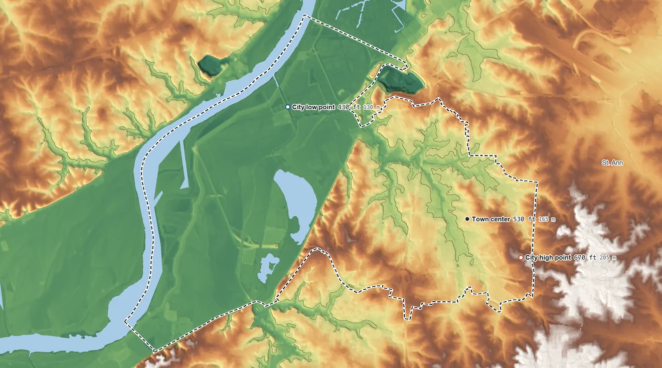 Topographic elevation map of Maryland Heights, Missouri, shaded from 430 ft on the northwest side to 670 ft on the southeast side