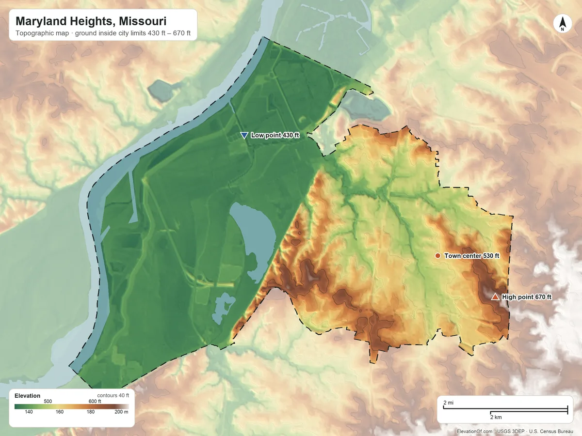 Topographic elevation map of Maryland Heights, Missouri, shaded from 430 ft on the northwest side to 670 ft on the southeast side