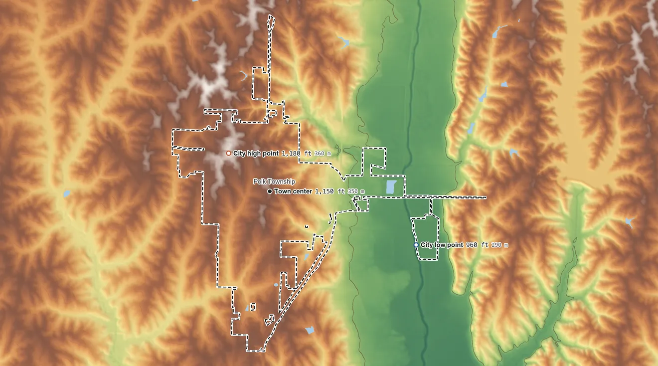 Topographic elevation map of Maryville, Missouri, shaded from 960 ft on the east side to 1,180 ft on the northwest side