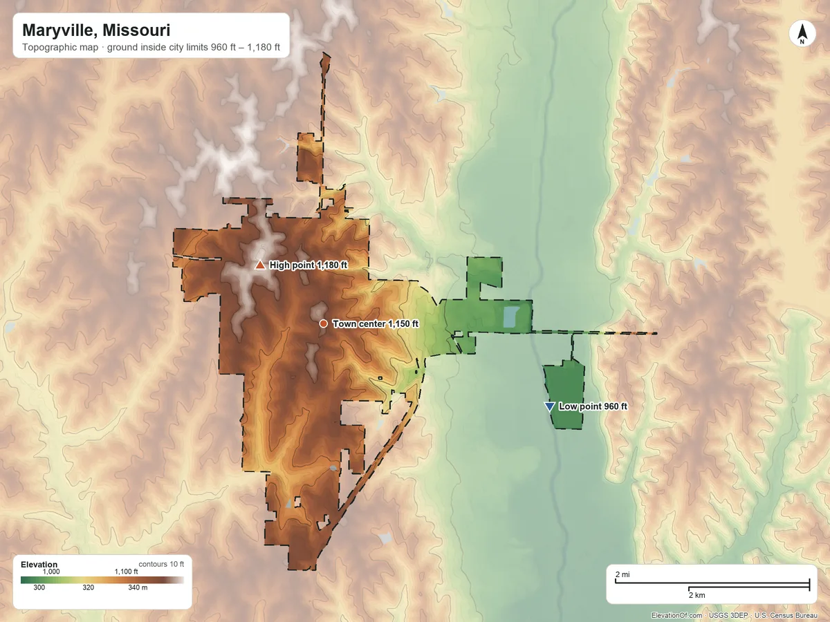 Topographic elevation map of Maryville, Missouri, shaded from 960 ft on the east side to 1,180 ft on the northwest side