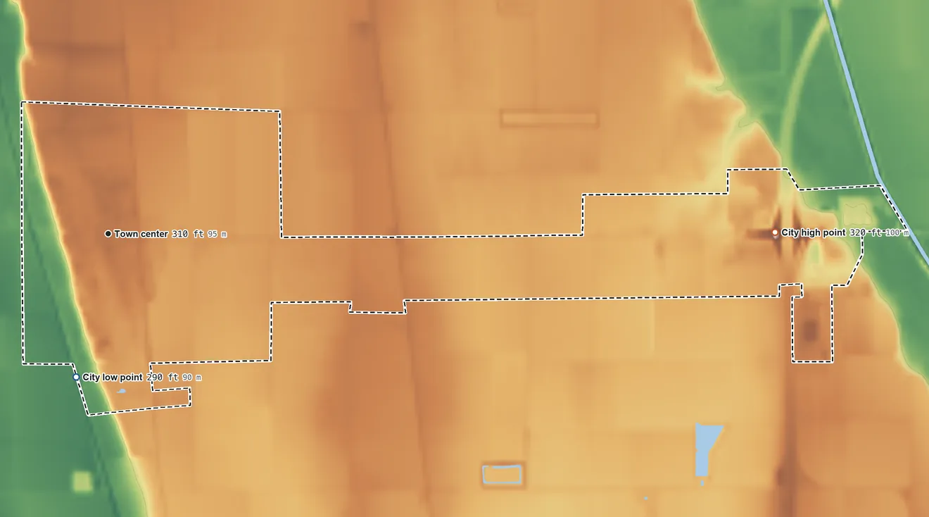 Topographic elevation map of Matthews, Missouri, shaded from 290 ft on the south side to 320 ft on the east side