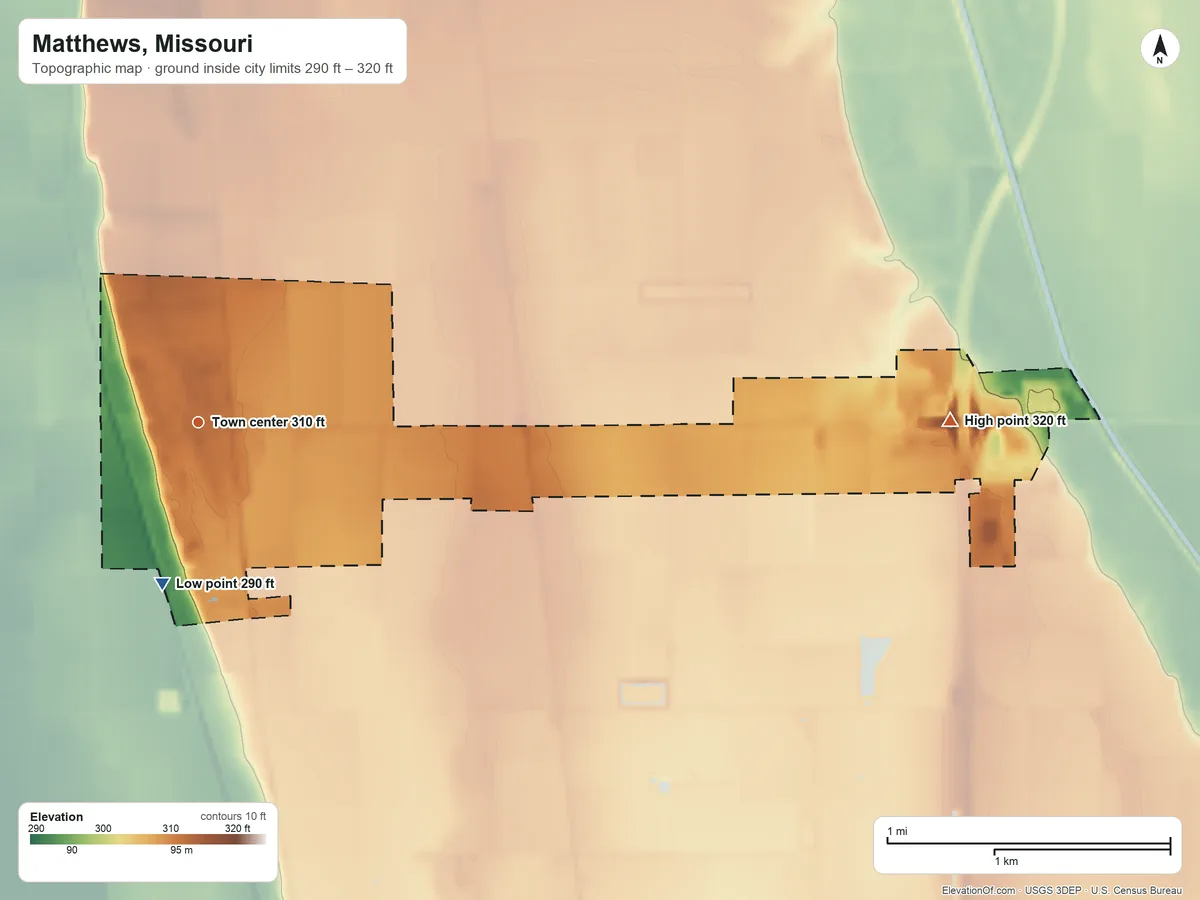 Topographic elevation map of Matthews, Missouri, shaded from 290 ft on the south side to 320 ft on the east side