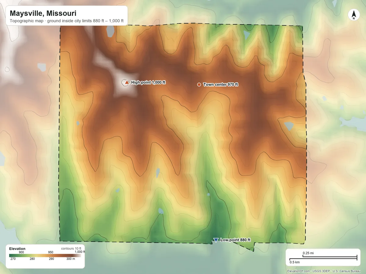 Topographic elevation map of Maysville, Missouri, shaded from 880 ft on the south side to 1,000 ft on the west side