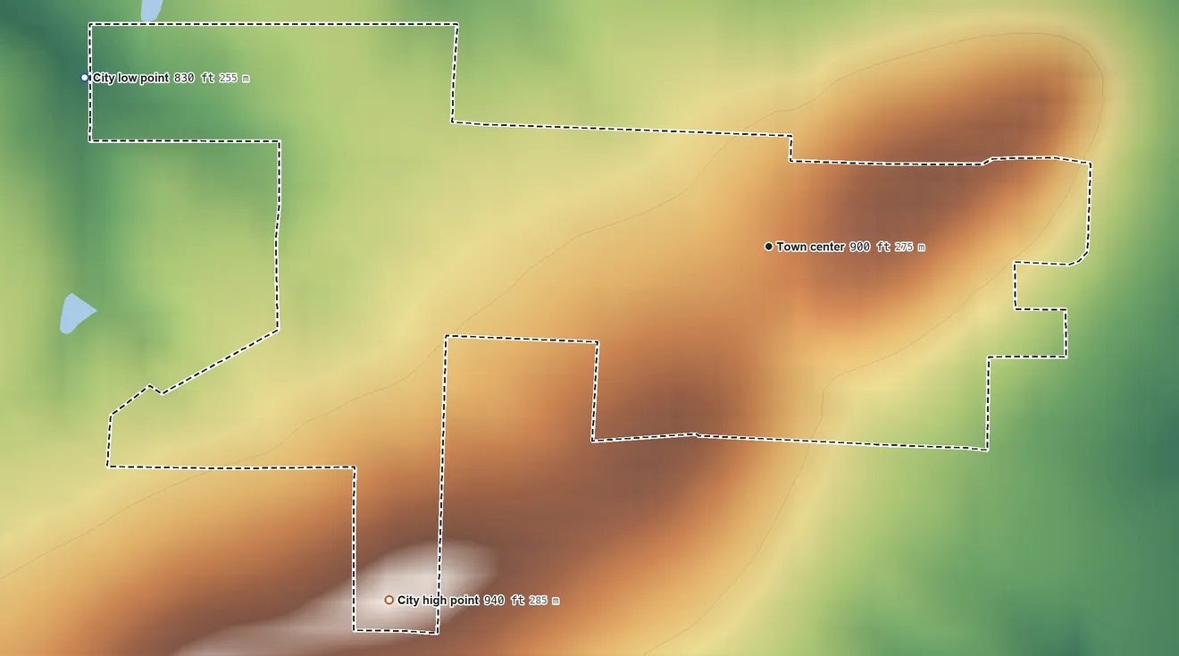Topographic elevation map of Mayview, Missouri, shaded from 830 ft on the west side to 940 ft on the southwest side