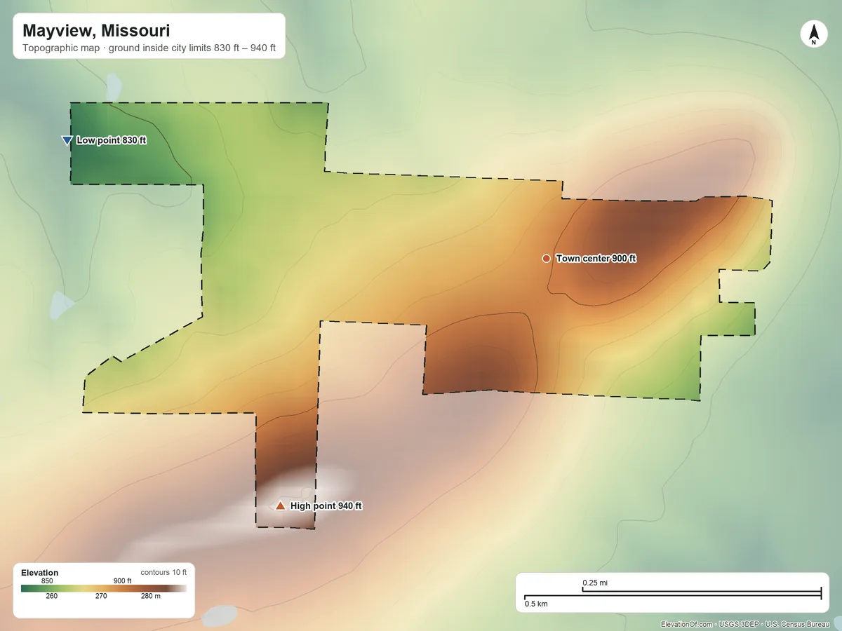 Topographic elevation map of Mayview, Missouri, shaded from 830 ft on the west side to 940 ft on the southwest side