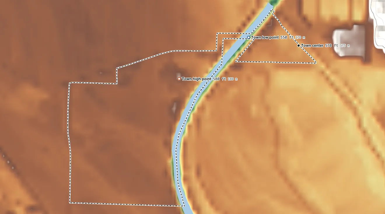 Topographic elevation map of McBaine, Missouri, shaded from 550 ft on the west side to 580 ft on the west side