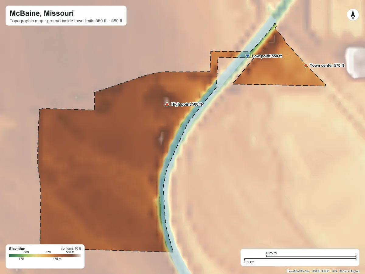 Topographic elevation map of McBaine, Missouri, shaded from 550 ft on the west side to 580 ft on the west side