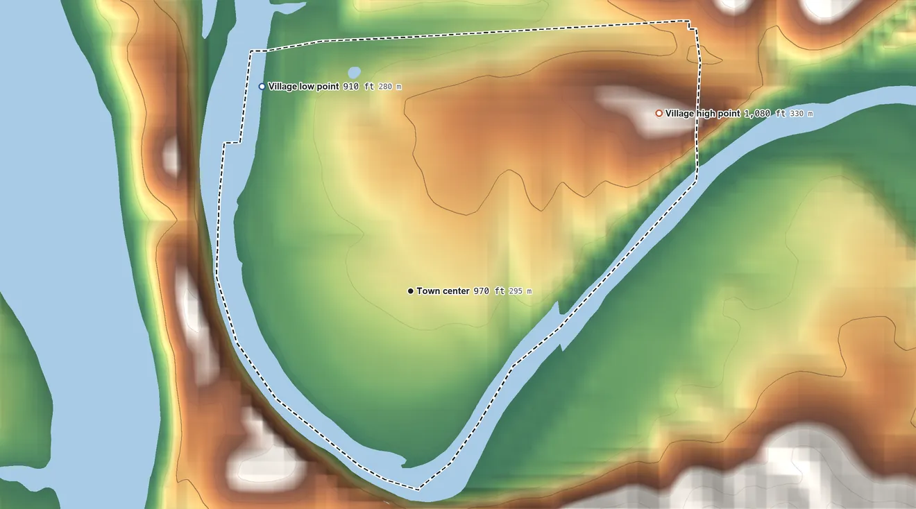 Topographic elevation map of McCord Bend, Missouri, shaded from 910 ft on the northwest side to 1,080 ft on the northeast side